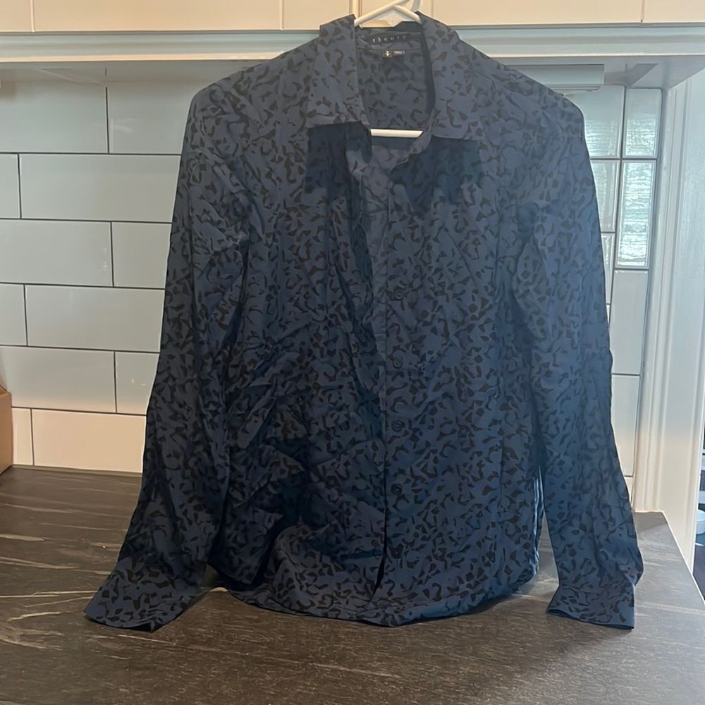 Theory blue and black silk blouse